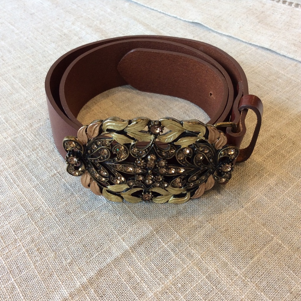 CAbi Rhinestone Laurel Leaf Buckle Leather Belt